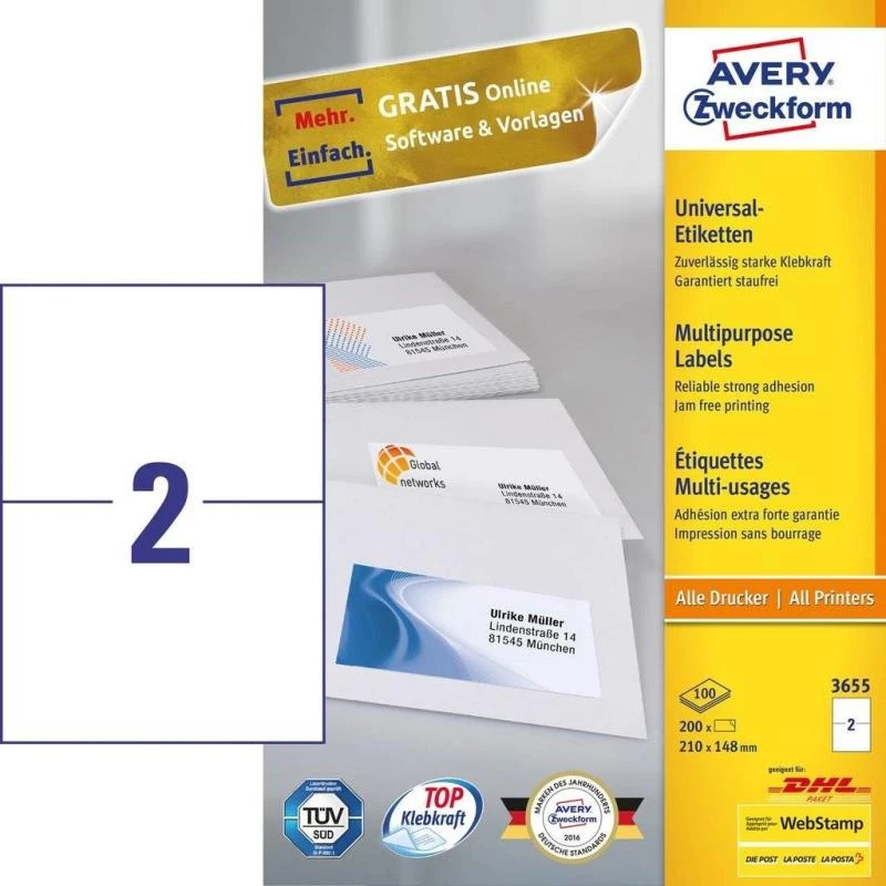 Avery 3655 Etiquetas autoadhesivas Rectangulares Permanente Blanco 200 uds.