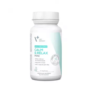 Suplemento relajante VETEXPERT Calm&Relax Mini — 30 cápsulas para perros pequeños y gatos, 100 g, sin azúcar, sin gluten
