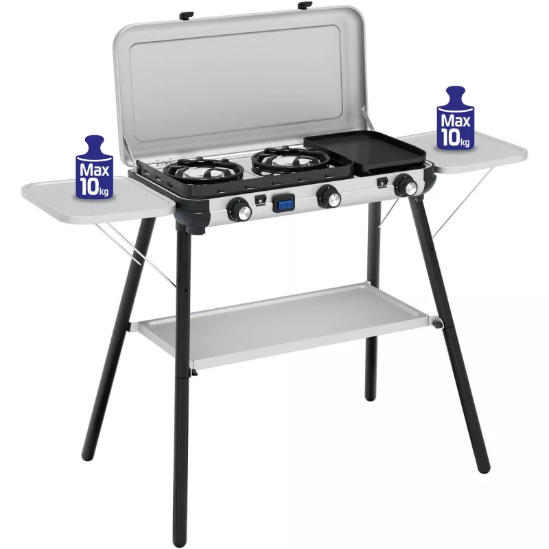 Camping Kitchen 2 Multi Cook Plus, cocina de gas gris, 2 zonas de cocción 2x 1,8 kW + plancha 0,9 kW, modelo 2025