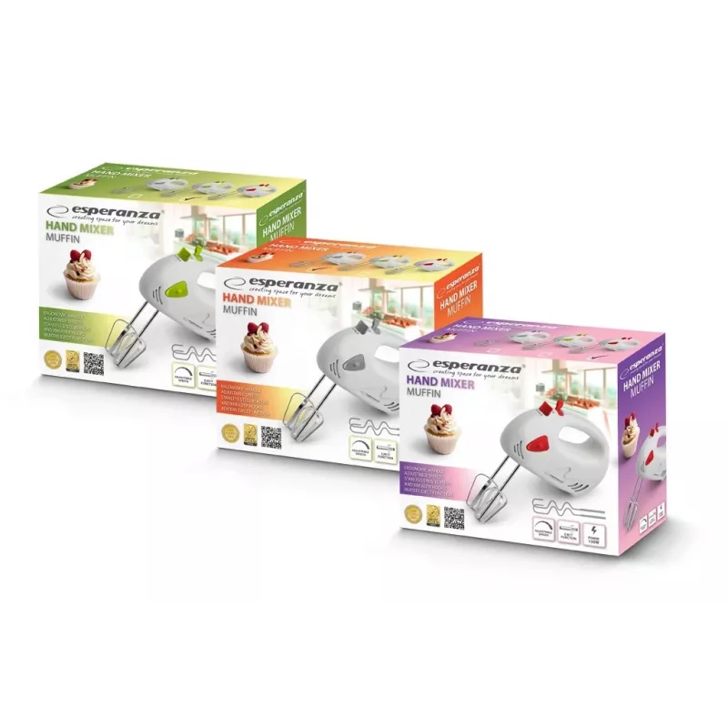 Batidora de mano ESPERANZA EKM007G — 150 W, 7 velocidades, varillas, mango ergonómico, cable de 1,1 m, verde/blanco