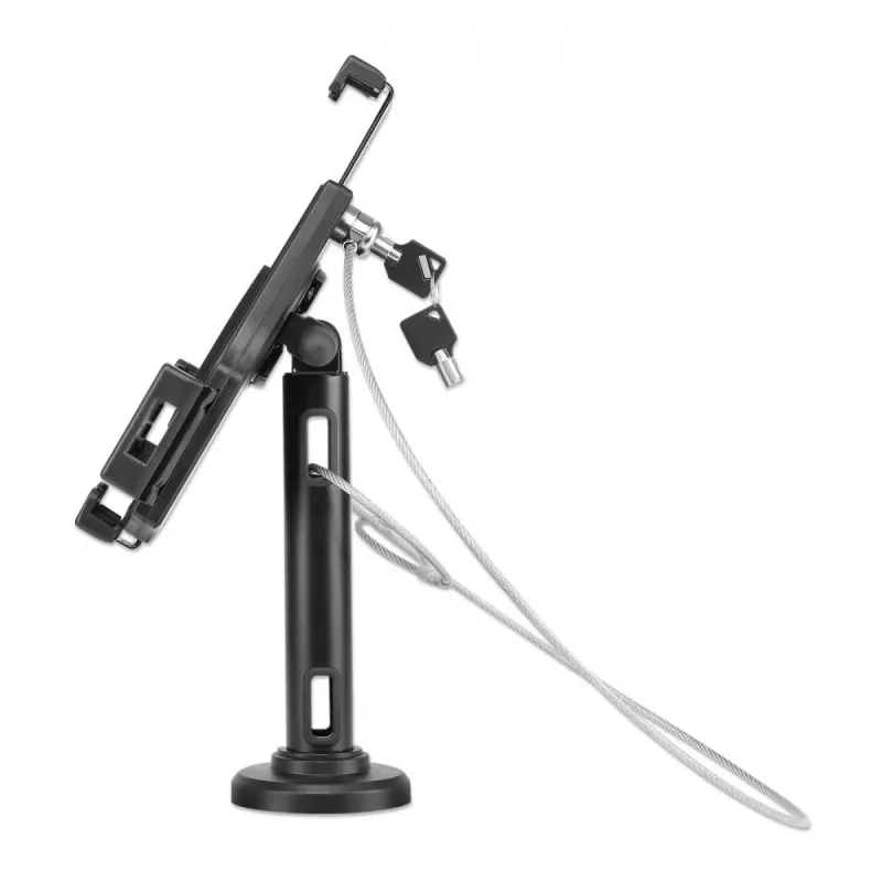 Soporte de mesa para iPad y tablet Manhattan, con cerradura, montaje en pared, protección antirrobo segura, tablets de 7,9 pulgadas a 10,5 pulgadas, giro 360°, inclinación +/- 70°, rotación 330°, negro, garantía de por vida