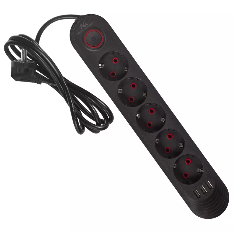 Regleta de enchufes MACLEAN MCE395 B — 5 enchufes, 3×USB, 110–240V AC, 2,1A USB, 2500W, cable de 1,5 m, negra