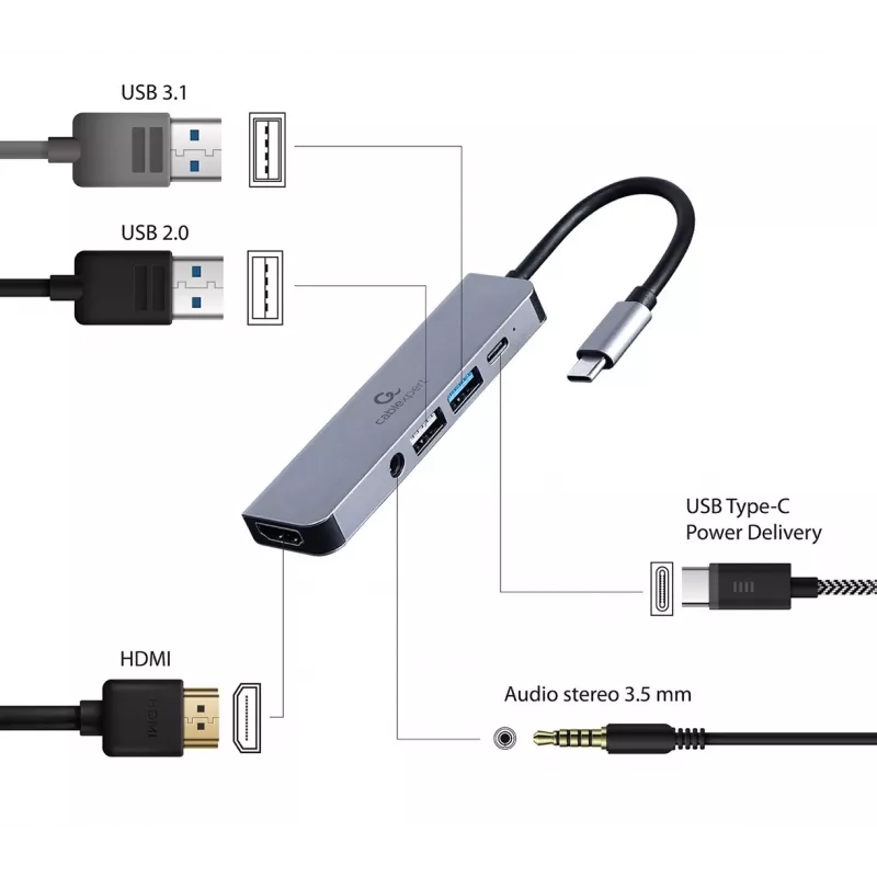 Gembird A-CM-COMBO5-02 dock para portátil/replicador de puertos USB con cable USB 3.2 Gen 1 (3.1 Gen 1) Type-C plata