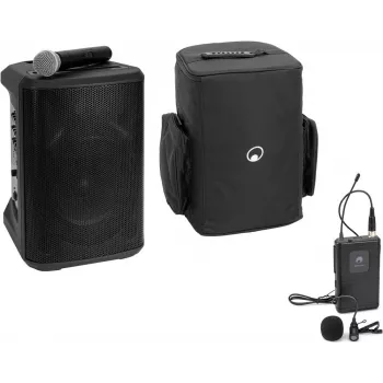 Sistema PA inalámbrico portátil Omnitronic PORTY-8A con micrófono de corbata y bolsa de transporte