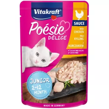 Comida húmeda para gatos Vitakraft Poésie Délice Junior — pollo, 85 g bolsa, proteína 8,5 %, grasa 5 %, humedad 84 %