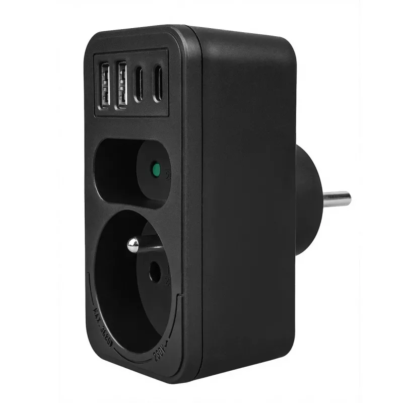 Regleta de enchufes MACLEAN MCE249 F/B – 2 tomas AC (16A + 6A) con 2×USB-A y 2×USB-C PD 20W, conector EU, negro