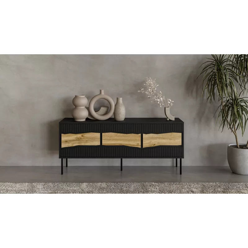 Mueble TV cama meble INSERTO 3D 143,5x40x61,5 cm negro con LED, parte superior de aglomerado