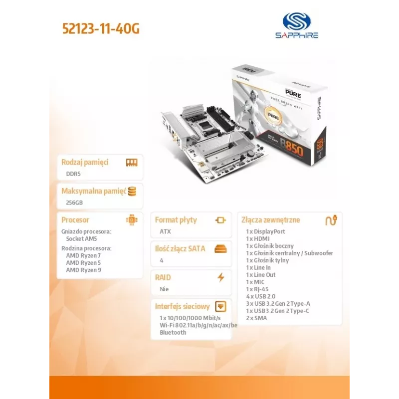 Placa base Sapphire PURE B850A WIFI7, AMD B850, Socket AM5, ATX, DDR5
