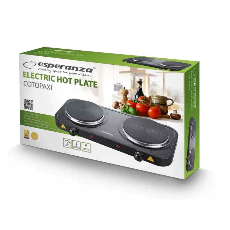 Esperanza Cotopaxi EKH010K placa de cocción eléctrica, 2 zonas (15,5 cm), 2000 W, negra