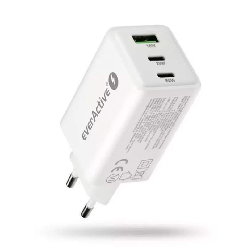 Cargador everActive SQ-655Q 65W, 1×USB-A + 2×USB-C carga rápida