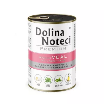 Comida húmeda para perros Dolina Noteci Premium rica en ternera con guisantes verdes 400 g, adulto, 12 % proteína, 6,5 % grasa