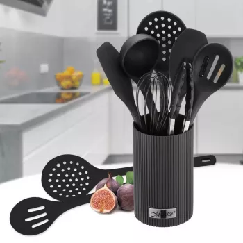 Set de utensilios de cocina Maestro MR-1542 — 8 piezas de silicona para encimera, negro, colgable con soporte de almacenamiento
