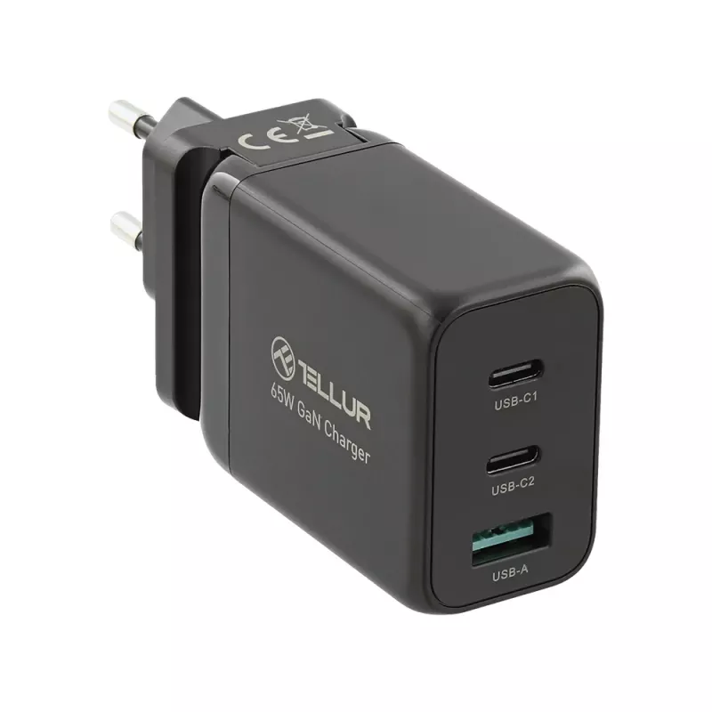 Cargador de pared Tellur TLL151451 65W, 3 puertos (2x USB-C, 1x USB-A)