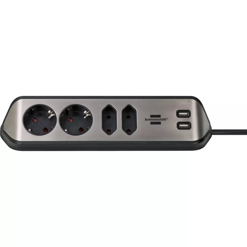 Regleta de enchufes en esquina Brennenstuhl estilo 4 tomas, negra, 2x enchufes Schutzkontakt, 2x enchufes Euro, incluye función de carga USB
