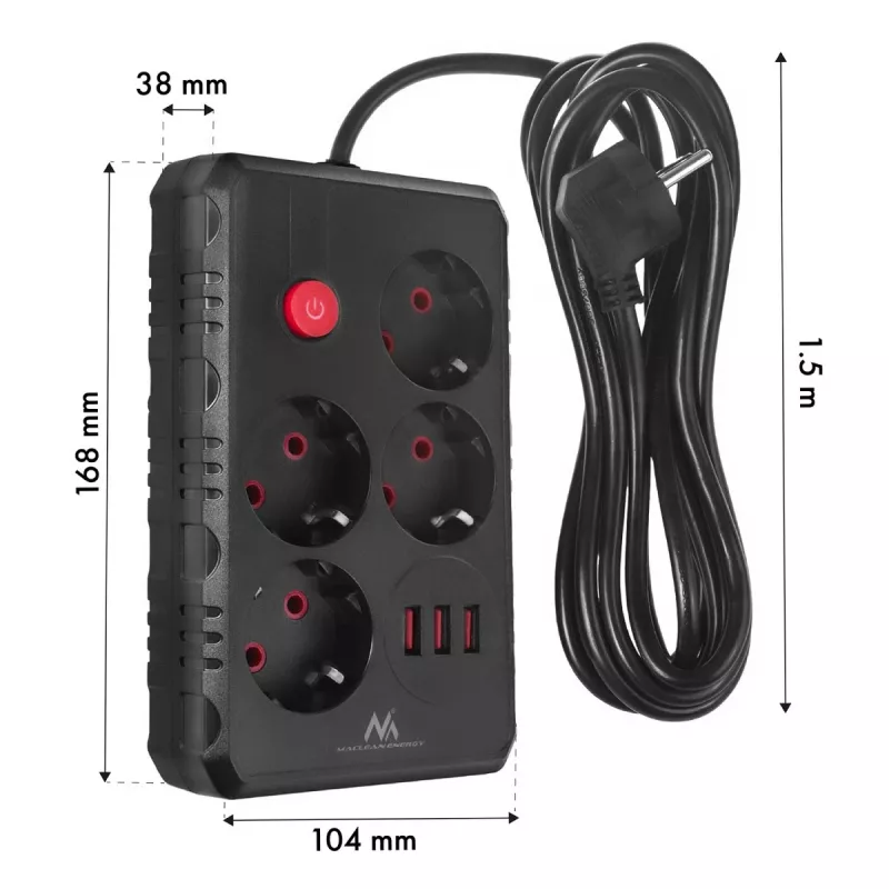 Regleta de enchufes MACLEAN MCE392 B — 4 enchufes, 3×USB, 110–240V, 2,1A, 2500W, cable de 1,5 m, negra