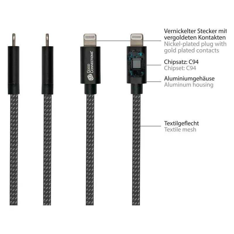 Good Connections cable de carga y datos USB 2.0 para iPhone/iPad/iPod conector USB-C a Lightning - El cable de alta calidad y oficialmente certificado por Apple