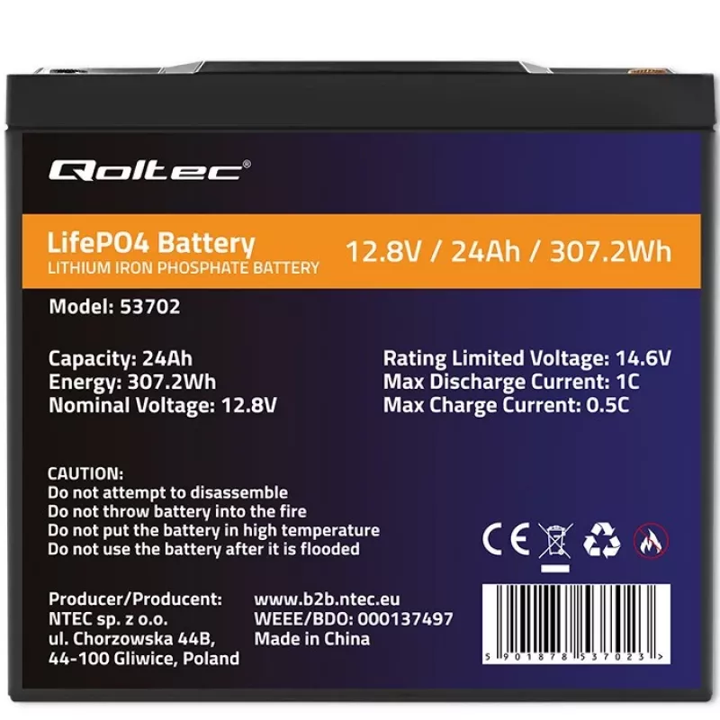 Qoltec 53702 Batería LiFePO4 de litio-hierro-fosfato | 12,8V | 24Ah | 307,2Wh | BMS
