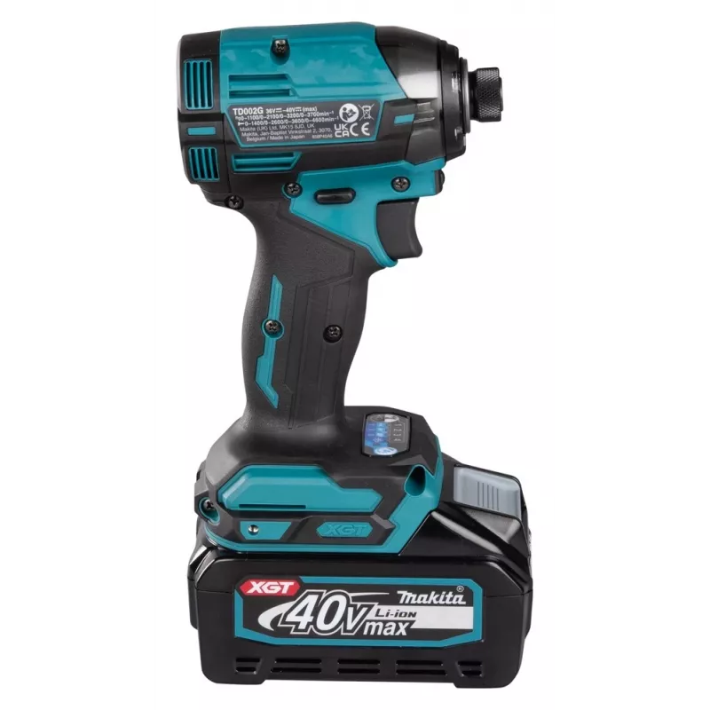Makita TD002GD202 atornillador de impacto inalámbrico, 40 V XGT, sin escobillas, 220 Nm, hexagonal de 1/4", luz LED, con 2 baterías de iones de litio de 2,5 Ah, cargador rápido y maletín
