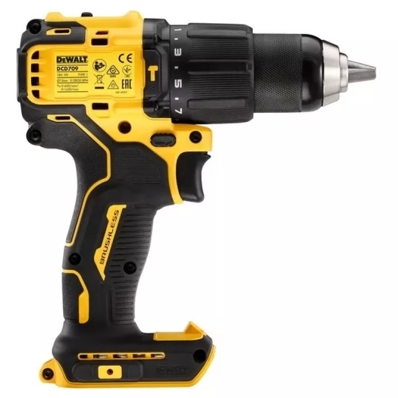 DeWALT DCD709N-XJ 18V XR taladro atornillador percutor inalámbrico sin escobillas, 1650 rpm, 65 Nm, 340 W, portabrocas sin llave 13 mm, 1,2 kg, sin batería ni cargador, negro/amarillo