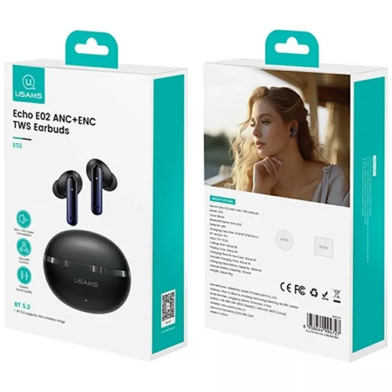Auriculares Bluetooth Usams TWS E02 ANC+ENC negros