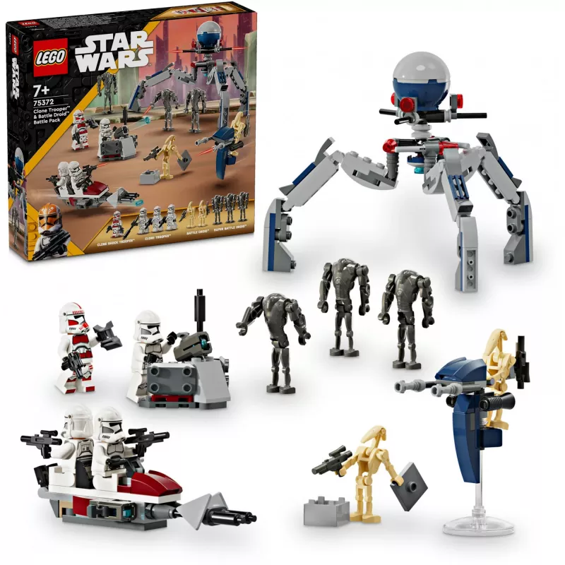 LEGO Star Wars Clone Trooper y Battle Droid Battle Pack Juguete de construcción para niños con vehículo Speeder Bike, 4 minifiguras y 5 figuras, regalo para niños