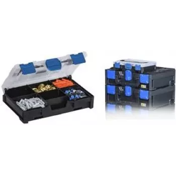 Caja de almacenamiento allit EuroPlus MetaBox mini 63 — polipropileno, negro/azul, con separadores extraíbles