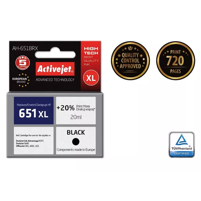 Activejet AH-651BRX Tinta (sustituto de HP 651 C2P10AE; Premium; 20 ml; negro)