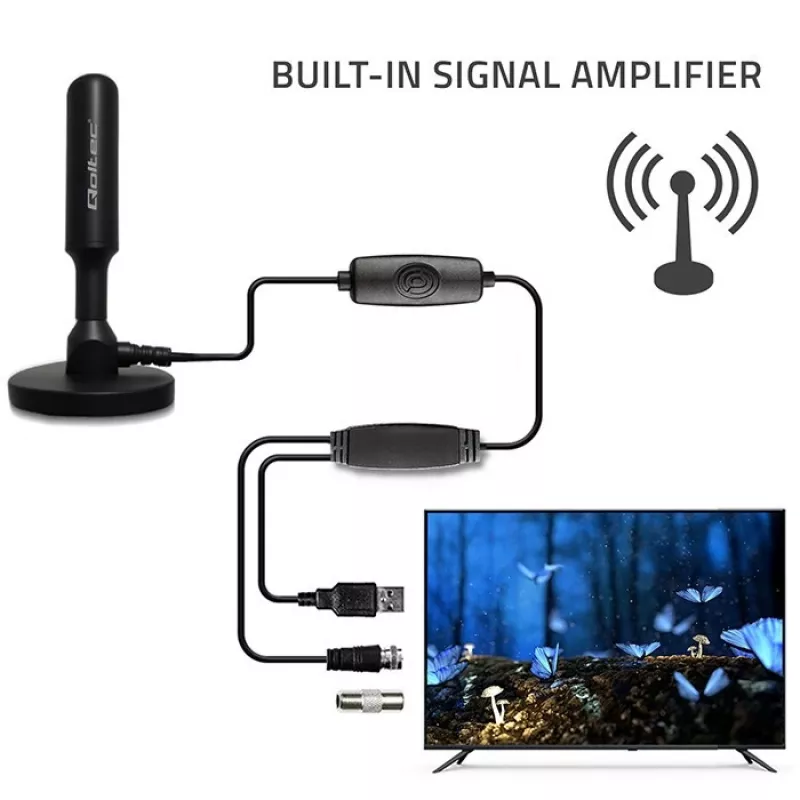Antena de TV QOLTEC DVB-T2 28 dBi con amplificador de señal, recepción interior/exterior