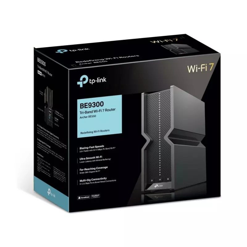 TP-Link Archer BE9300 Router Wi-Fi 7 tri-banda, Wi-Fi 7 (802.11be), tri-banda (2,4 GHz / 5 GHz / 6 GHz), Ethernet LAN, negro, router de sobremesa