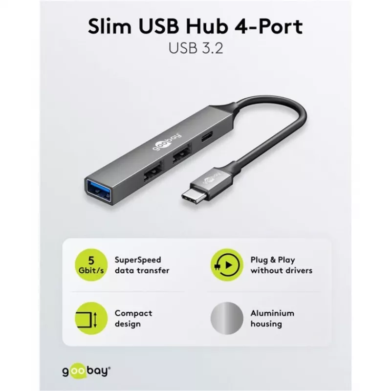 Hub USB Goobay Slim de 4 puertos, USB-C™ a USB-C™/USB-A, USB 3.2 (74459)