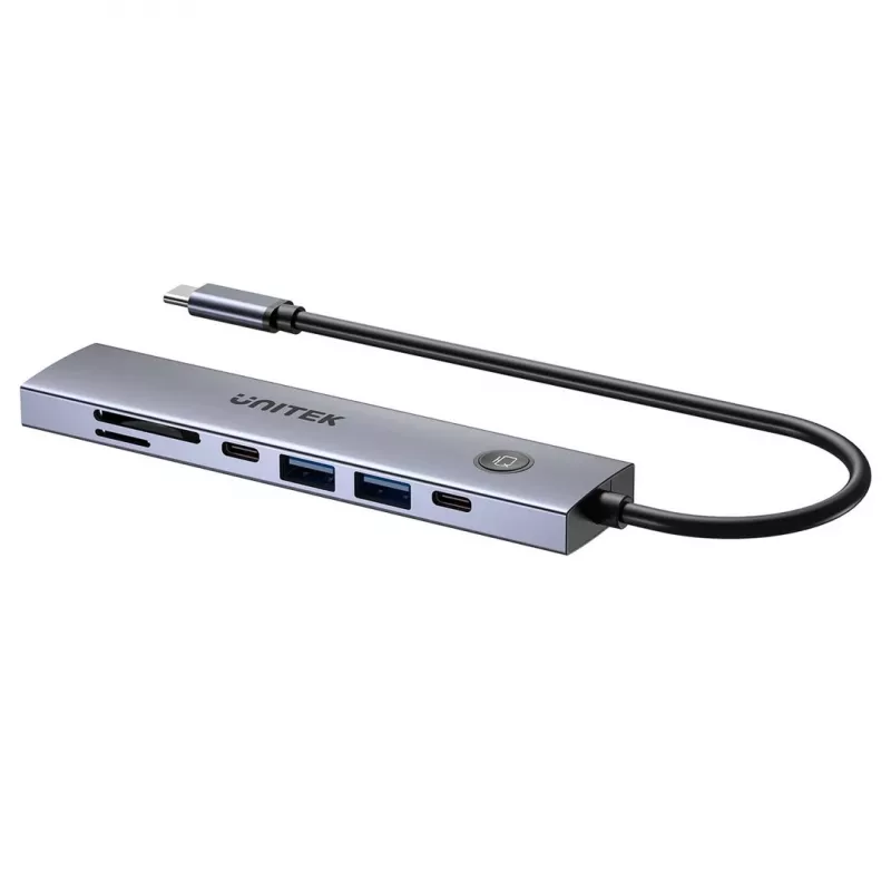 Hub USB-C Unitek H1124AGY01 con 100W PD, HDMI 2.0, 2x USB‑A, 2x USB‑C, lector de tarjetas SD/microSD — aluminio