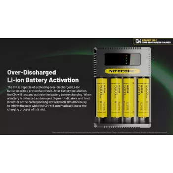 Cargador de baterías Nitecore Ci4 — cargador USB universal para litio‑ión / NiCd / NiMH, entrada 5/9/12V, 3A, plástico, 0,1914 kg