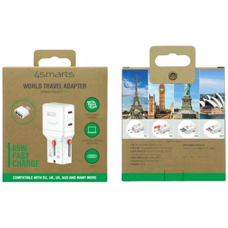 Cargador de viaje World 65W USB-C + USB-A blanco