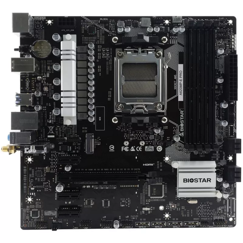 Placa base BIOSTAR A620MP-E PRO — AMD A620 microATX, zócalo AM5, DDR5, 4 DIMM, máx. 128 GB, 2,5Gb LAN