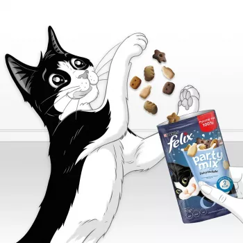 Snack para gatos Felix Party Mix Dairy Delight 60 g — snacks crujientes con sabor a leche para gatos adultos, proteína 35%, grasa 19,5%