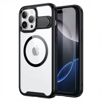 Funda protectora GUAN para Apple iPhone 16 Plus con cristal templado 10H y soporte, parte trasera transparente con marco negro