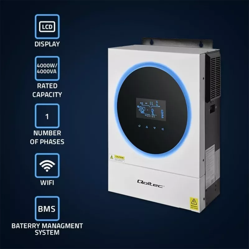 Qoltec, Convertidor de tensión, Inversor solar híbrido Off-Grid 4kVA 4kW 120A MPPT LCD Wi-Fi BMS Senoidal