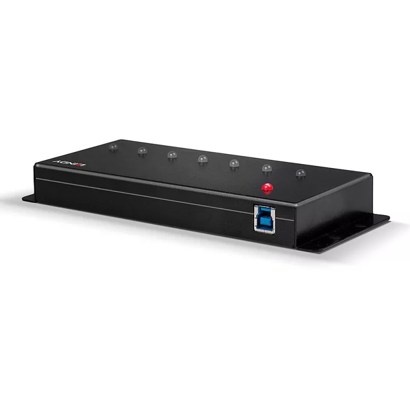 Lindy Hub USB 3.0 metálico de 7 puertos, USB 3.2 Gen 1 (3.1 Gen 1) Type-A, 5000 Mbit/s, Negro, 0,8 m, 185 mm, 75 mm