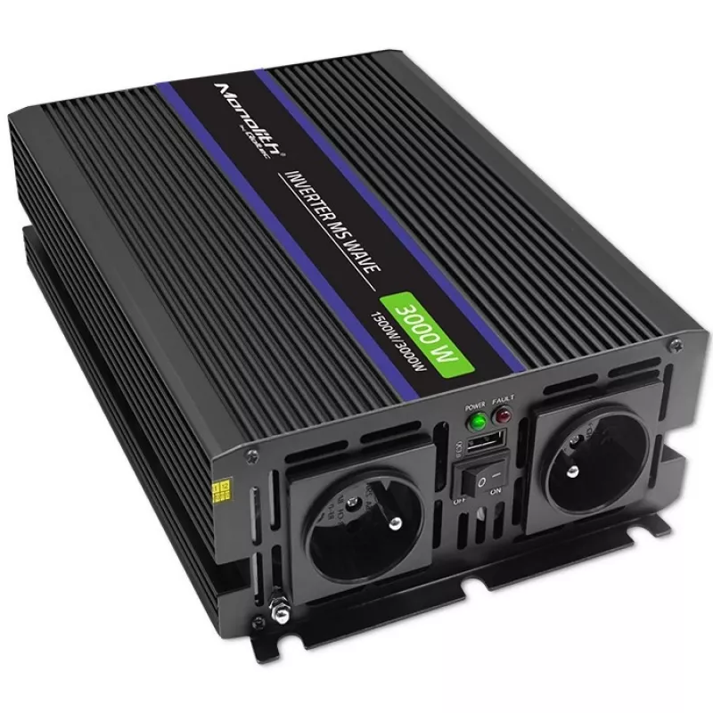 Inversor QOLTEC Monolith 3000 MS Wave, 12V→230V, 1500/3000W, con USB