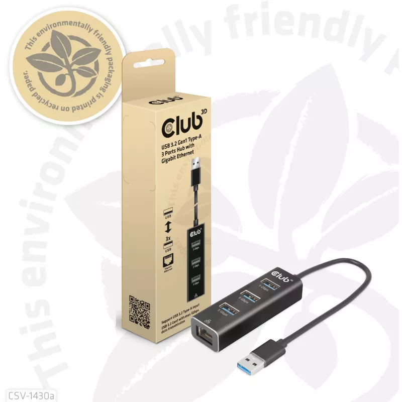 Hub USB CLUB3D USB 3.2 Gen1 Type-A con 3 puertos y Gigabit Ethernet