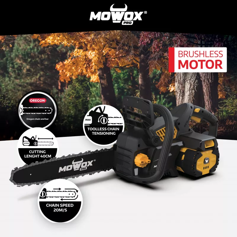 Motosierra de batería MoWox ECS 4062 Li — 62 V iones de litio, tensado de cadena sin herramientas (solo carcasa, sin batería/cargador)