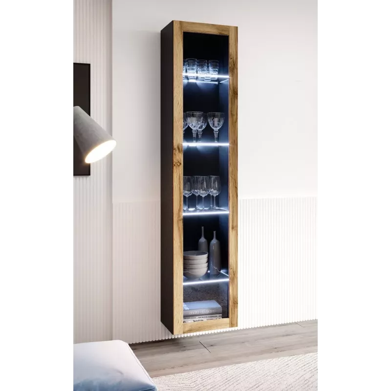 Vitrina Cama Meble VIGO 180 de pared con puertas de cristal 1800×400×300 mm negro/roble wotan