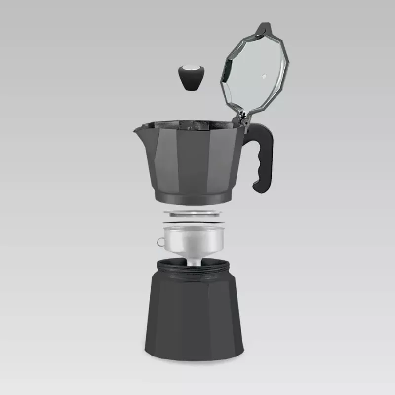 Cafetera moka Maestro MR-1666-6 negra — cafetera espresso manual para fogones, 6 tazas, 300 ml, aluminio negro