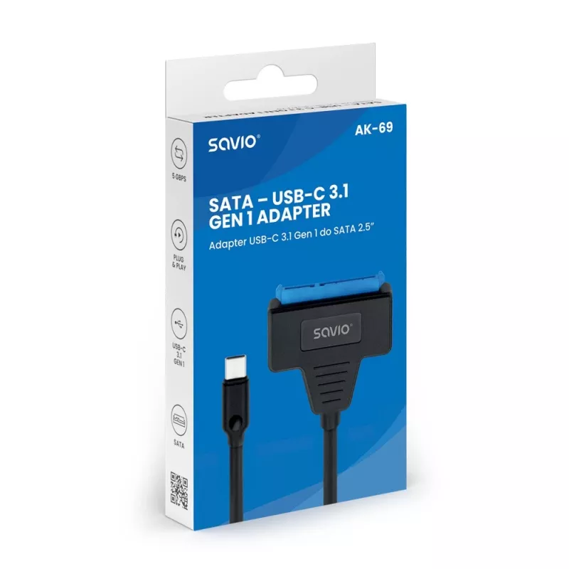 Cable de interfaz SATA a USB-C SAVIO AK-69, conector hembra SATA a conector macho USB-C, USB 3.2 Gen 1 (5 Gbit/s), 0,25 m, negro