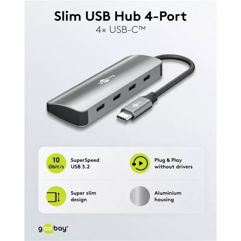Goobay hub USB slim de 4 puertos USB-C a 10 Gbit/s - conector macho> 4x (76565)