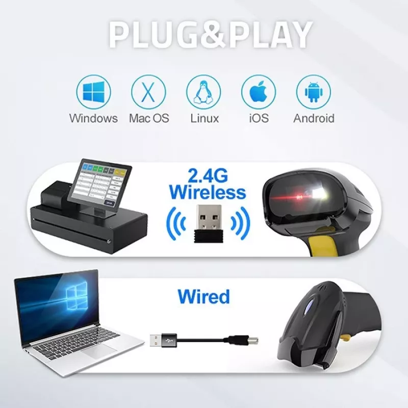 Lector de códigos de barras inalámbrico QOLTEC 50856 – 1D y 2D inalámbrico de mano, interfaz USB, carcasa de ABS, 170×62×100 mm, 203 g