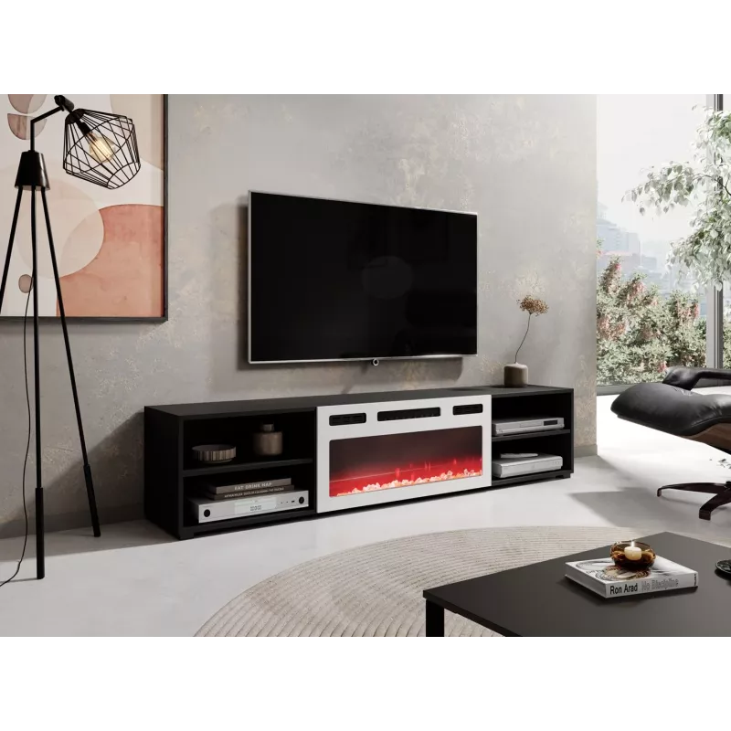 Mueble TV POLO 180x33x39 negro + chimenea blanca