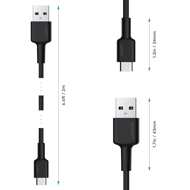 Aukey CB-CA2 OEM cable de USB-C a USB-A, trenzado de nailon, 2 m, negro