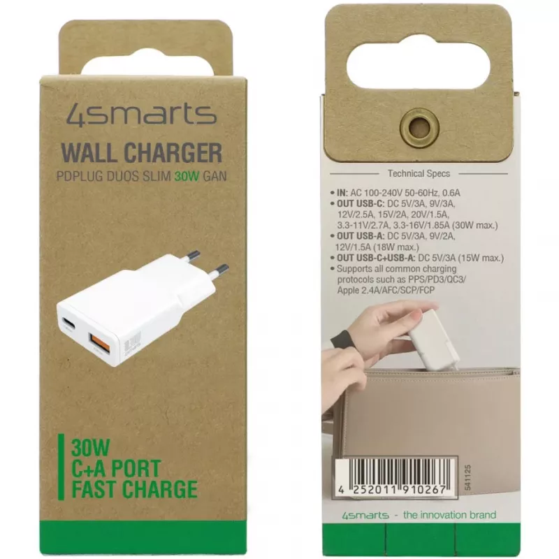 Cargador 4smarts PDPlug Duos delgado smartphone tablet blanco CA carga rápida
