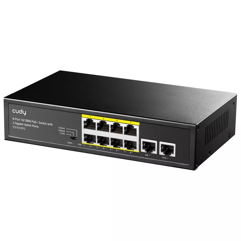 Switch de red Cudy FS1010PG — 10/100 Mbps, 8 puertos PoE, 2 uplink, presupuesto PoE 120W, carcasa metálica